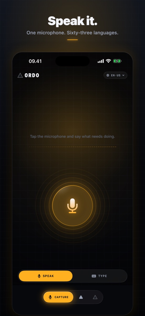 Ordo's capture screen: a large microphone orb filling the screen, with rings responding to the voice and a Type button beneath.