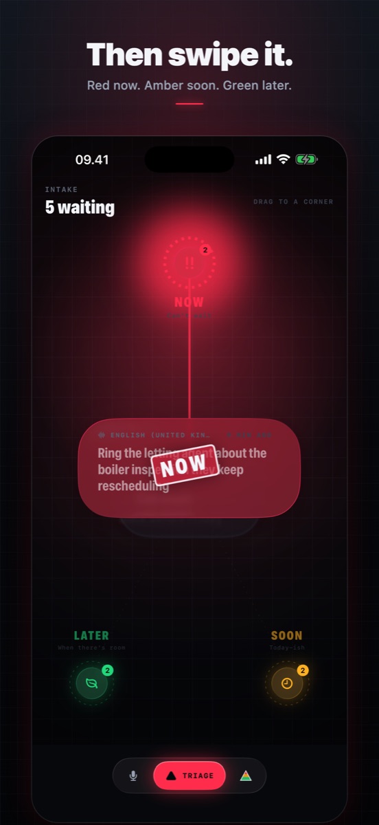 A task bubble being dragged toward the red Now corner, which has charged up and stamped the bubble NOW, with amber Soon and green Later corners below.