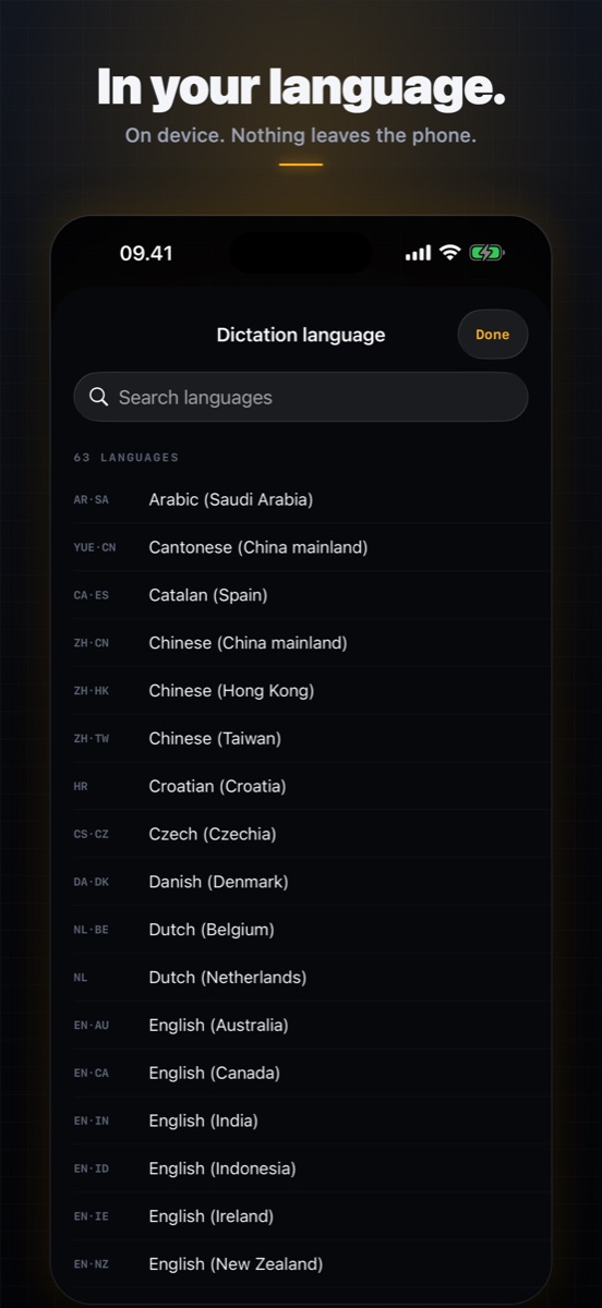 Ordo's dictation language picker listing many languages and regions.