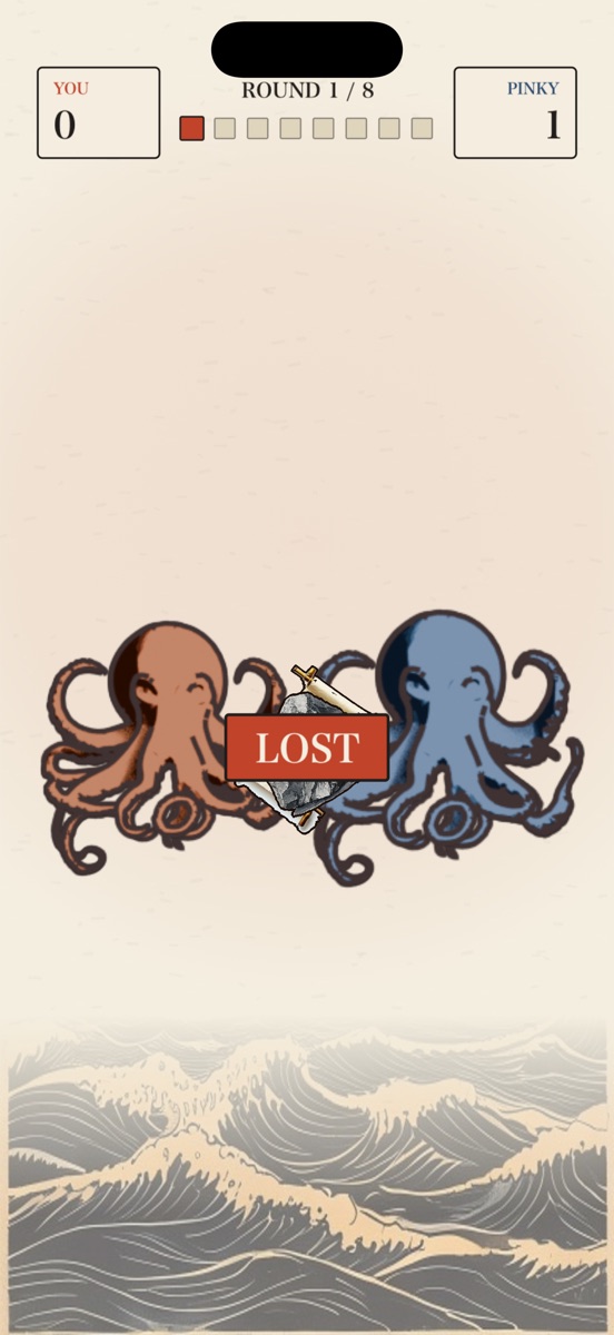 Two octopuses clashing round by round, with the running score above.