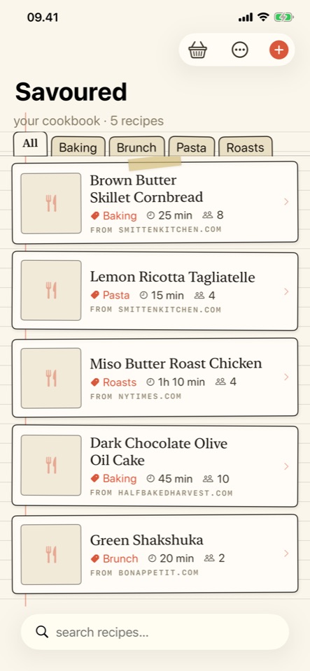 The Savoured cookbook list with category tabs and five saved recipes, each showing its source website.