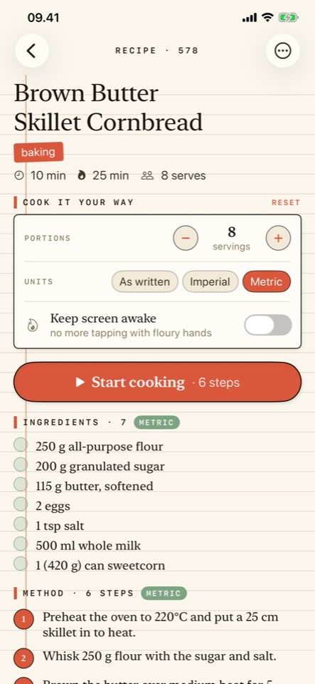A recipe for brown butter skillet cornbread converted to metric, showing 250 g flour in the ingredients and 220°C in the method.
