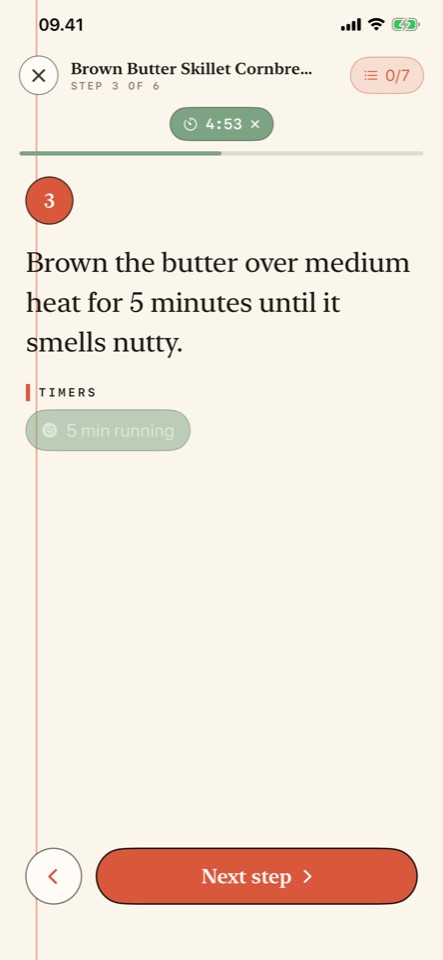 Cook mode showing step 3 of 6 in large type with a five-minute timer counting down.