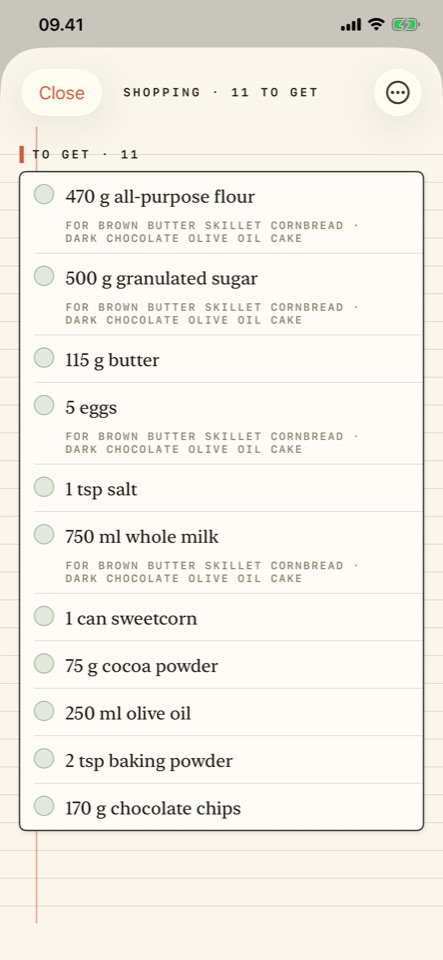 A shopping list where two recipes have been merged into single lines, such as 470 g all-purpose flour.