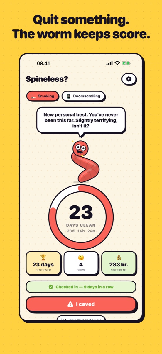 The Spineless? home screen showing a running streak with the worm alongside it.