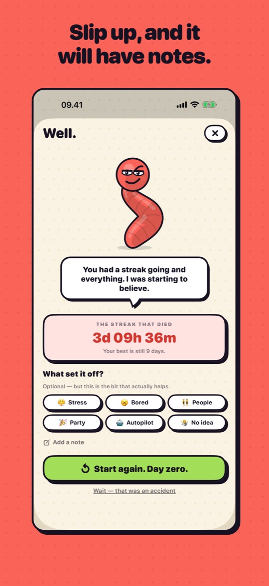 The relapse screen, with a 45-second undo option.