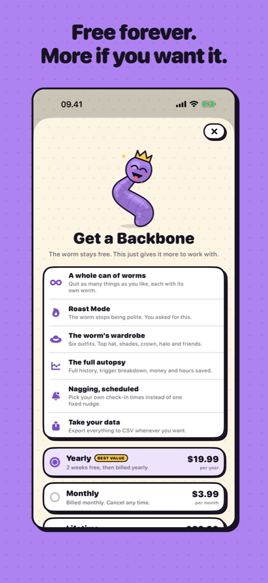 The Backbone upgrade screen listing what the subscription unlocks.