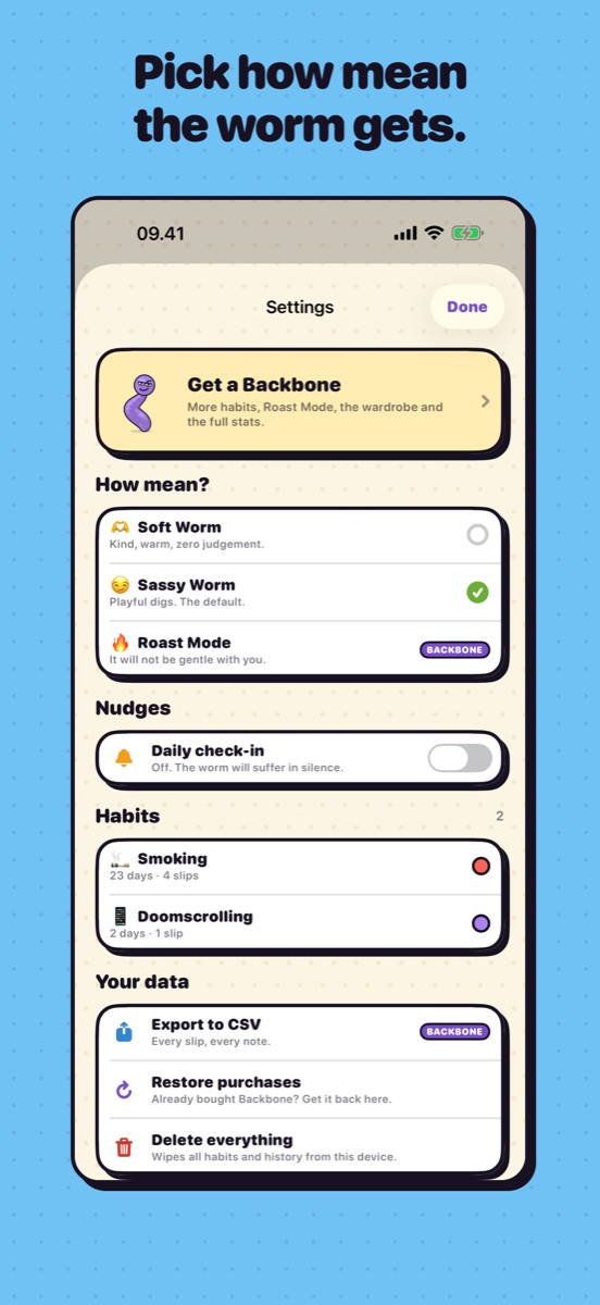 Settings, including the tone control from Soft Worm through to Roast Mode.