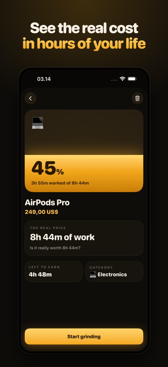 A wish-list item detail screen showing an item's price converted into the hours of work it costs.
