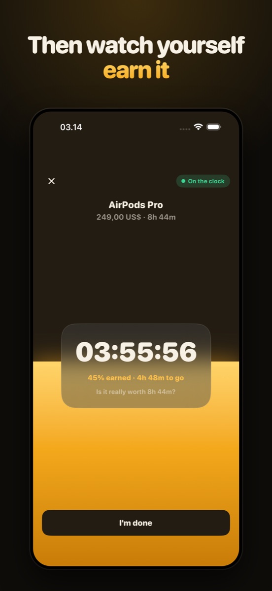 An item being tracked live, with the work timer running and its progress percentage climbing.