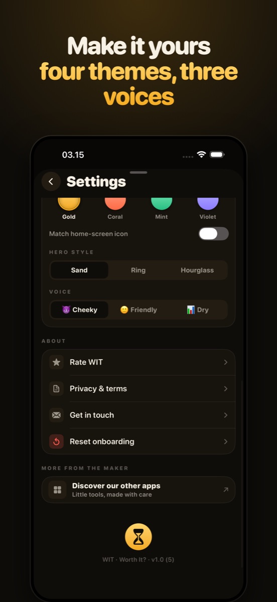 WIT settings showing the four accent colours, hero styles and writing voices.