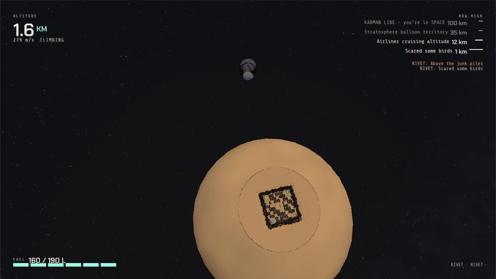 The yard seen from 1.6 kilometres up: a walled square on a tiny planet, the rocket a speck climbing away from it.