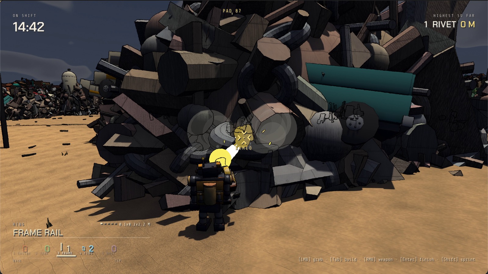 A robot with its yard tool armed, a bolt leaving the barrel toward a heap of salvage.