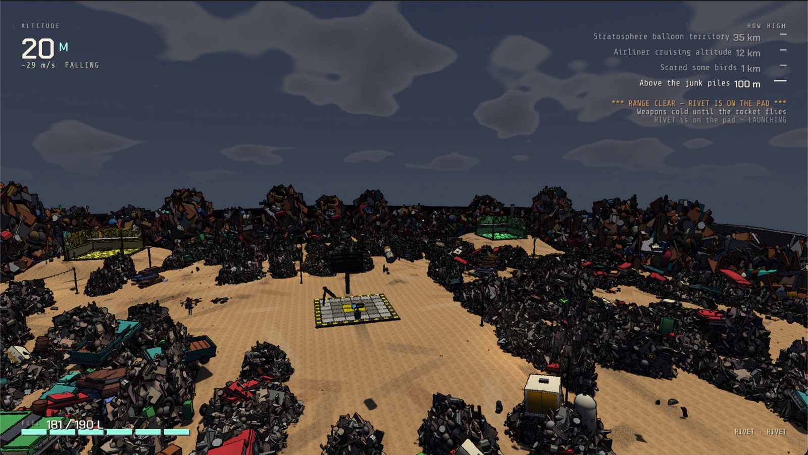 The whole walled yard from above, the shared launch pad lit at its centre and the range-clear call on screen.
